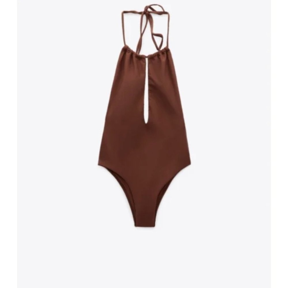 Zara Cut Halter Swimsuit Mocha Brown Sz S - Picture 3 of 5